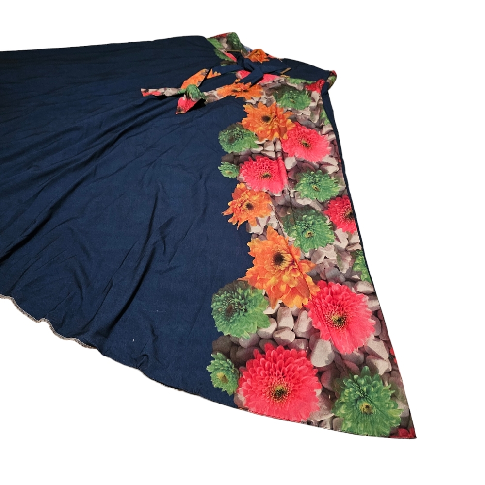 FEVROJ Flare Midi Skirt Floral Print Blue Flowy Tie Belt Women's  Large - Picture 3 of 16